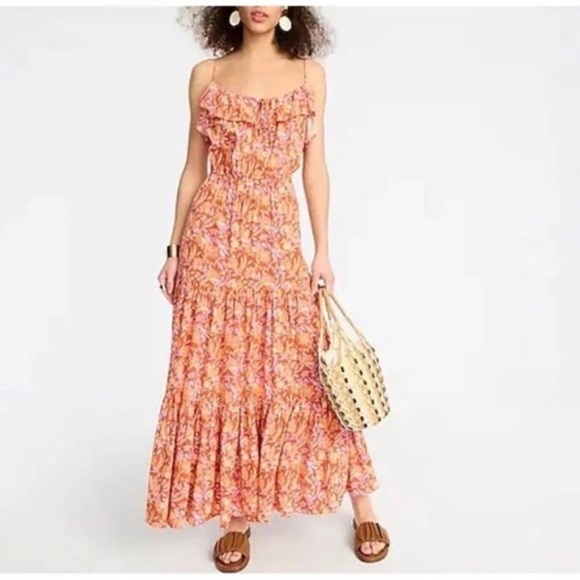 J. Crew Dresses & Skirts - J Crew Tiered Coral Midi Maxi Sun Dress Floral Print Spaghetti Strap Large